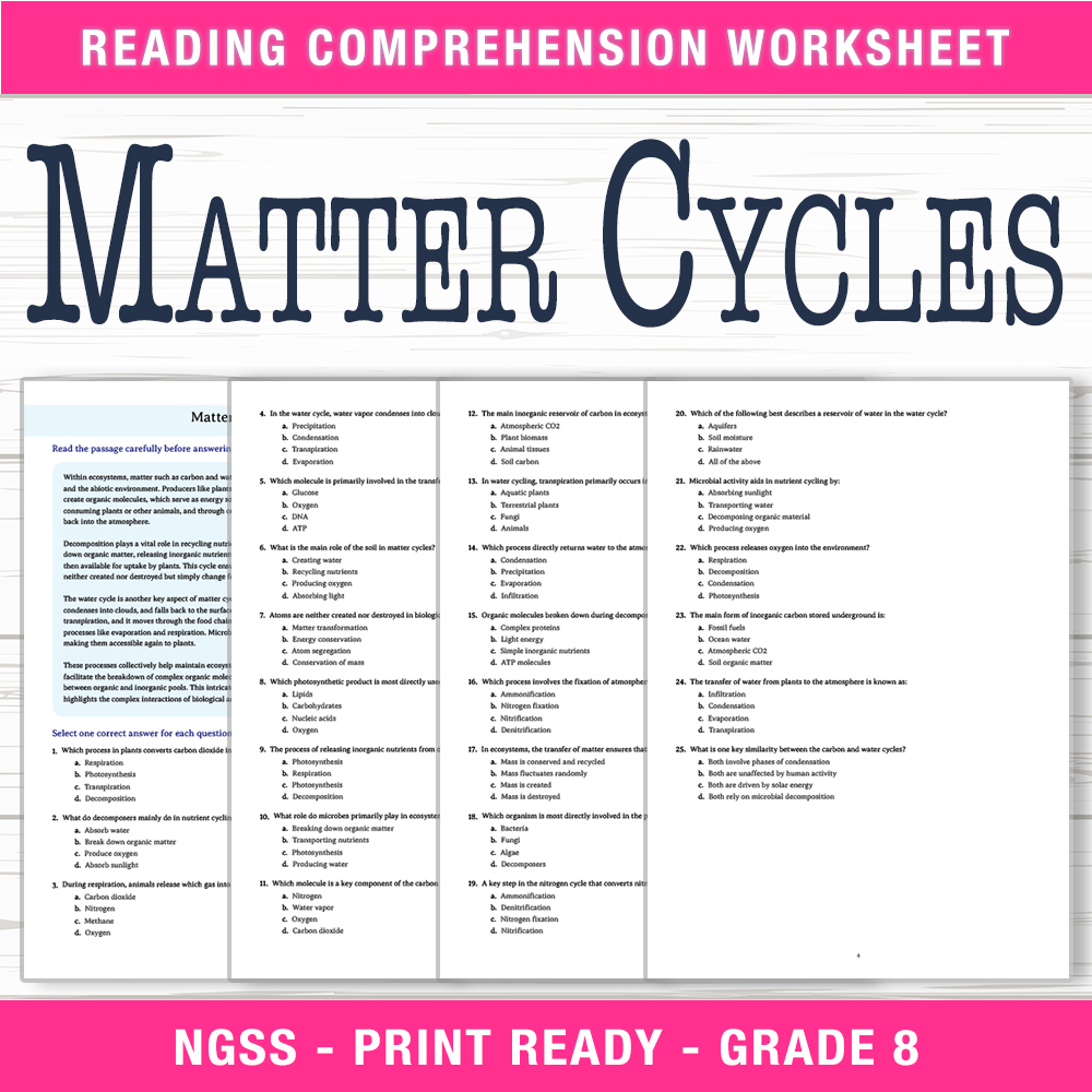 Grade 8 Science worksheet worksheet — Grade 8 Science – Matter Cycles Worksheet (PDF + Answer Key) — page 1
