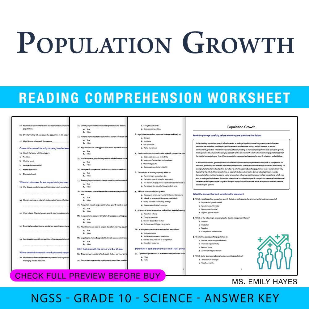 Grade 10 Science worksheet worksheet — 10th Grade Science | Population Growth Worksheet (PDF + Answer Key) — page 1
