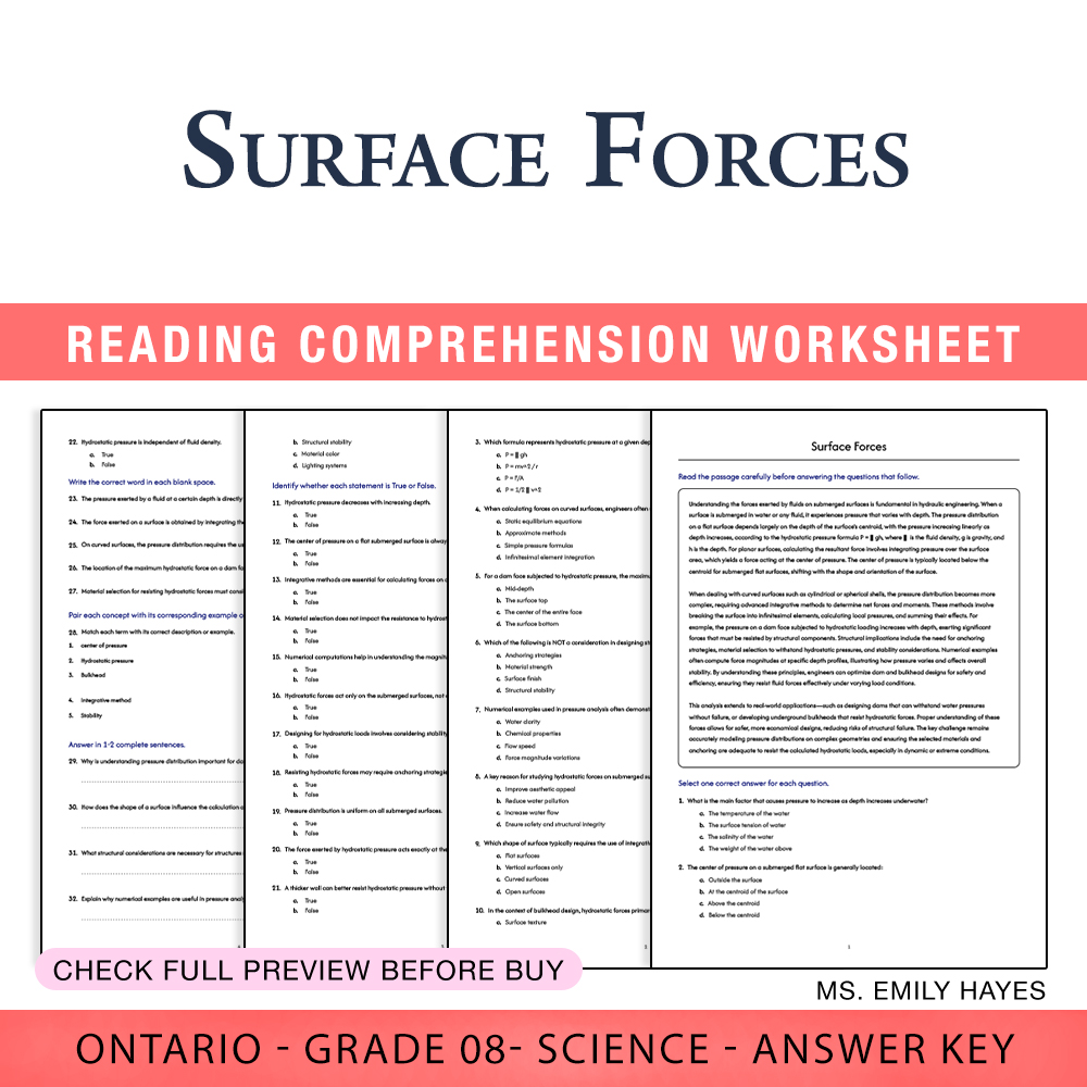 Grade 8 Science worksheet worksheet — 8th Grade Science | Surface Forces Worksheet (PDF+ Answer Key) — page 1