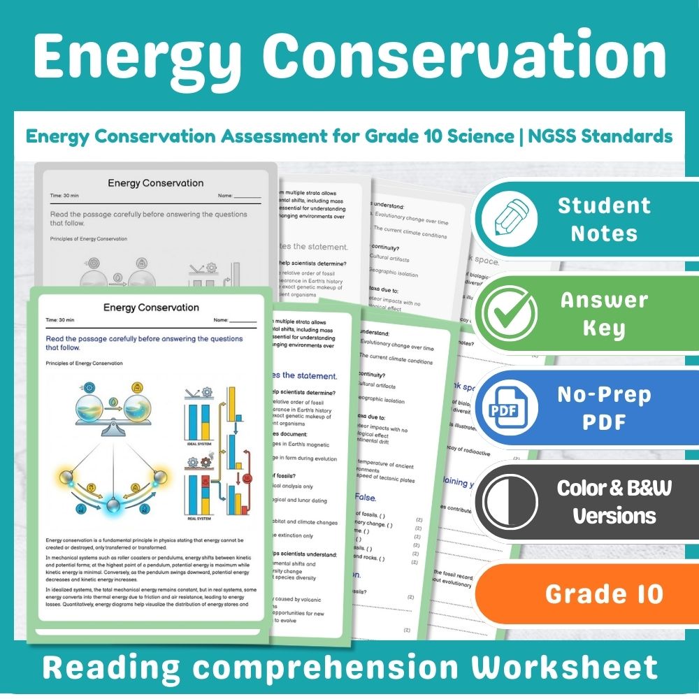 Grade 10 Science assessment worksheet — Energy Conservation Assessment for Grade 10 Science | NGSS Standards