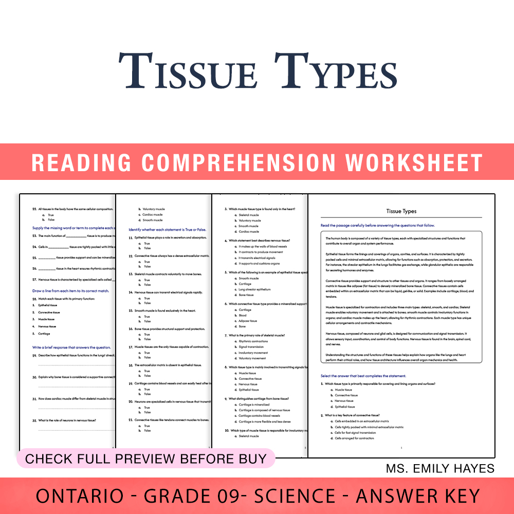 Grade 9 Science worksheet worksheet — 9th Grade Science | Tissue Types Worksheet (PDF + Answer Key) — page 1