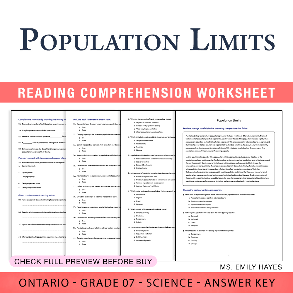 Grade 7 Science worksheet worksheet — Grade 7 Science | Population Limits Worksheet (PDF+ Answer Key) — page 1
