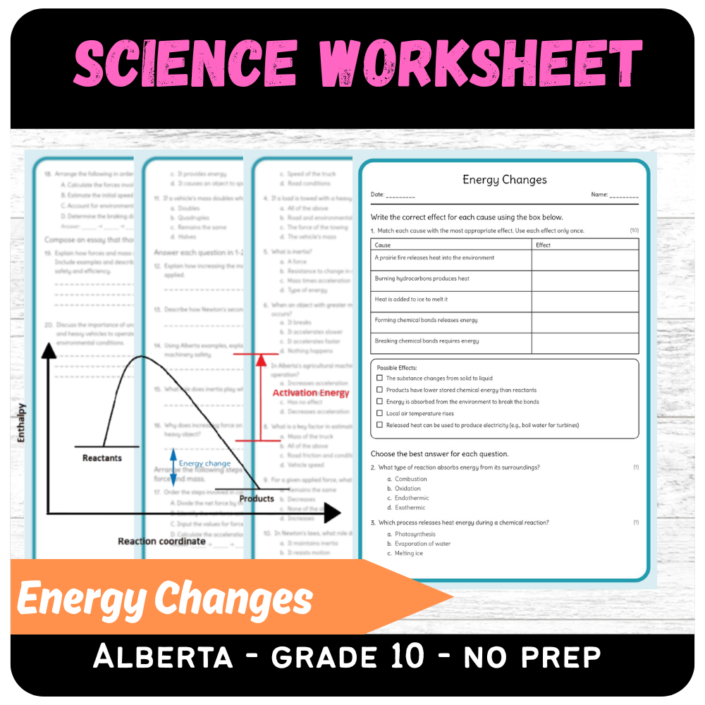 Grade 10 Science | Energy Changes Worksheet (PDF) – Alberta Curriculum