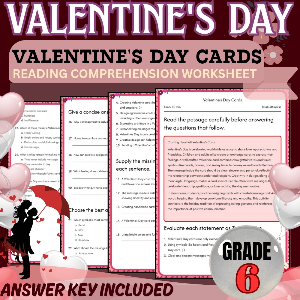 Grade 6 Holiday Valentine Day Worksheet for Gift of Love | PDF + Answer Key