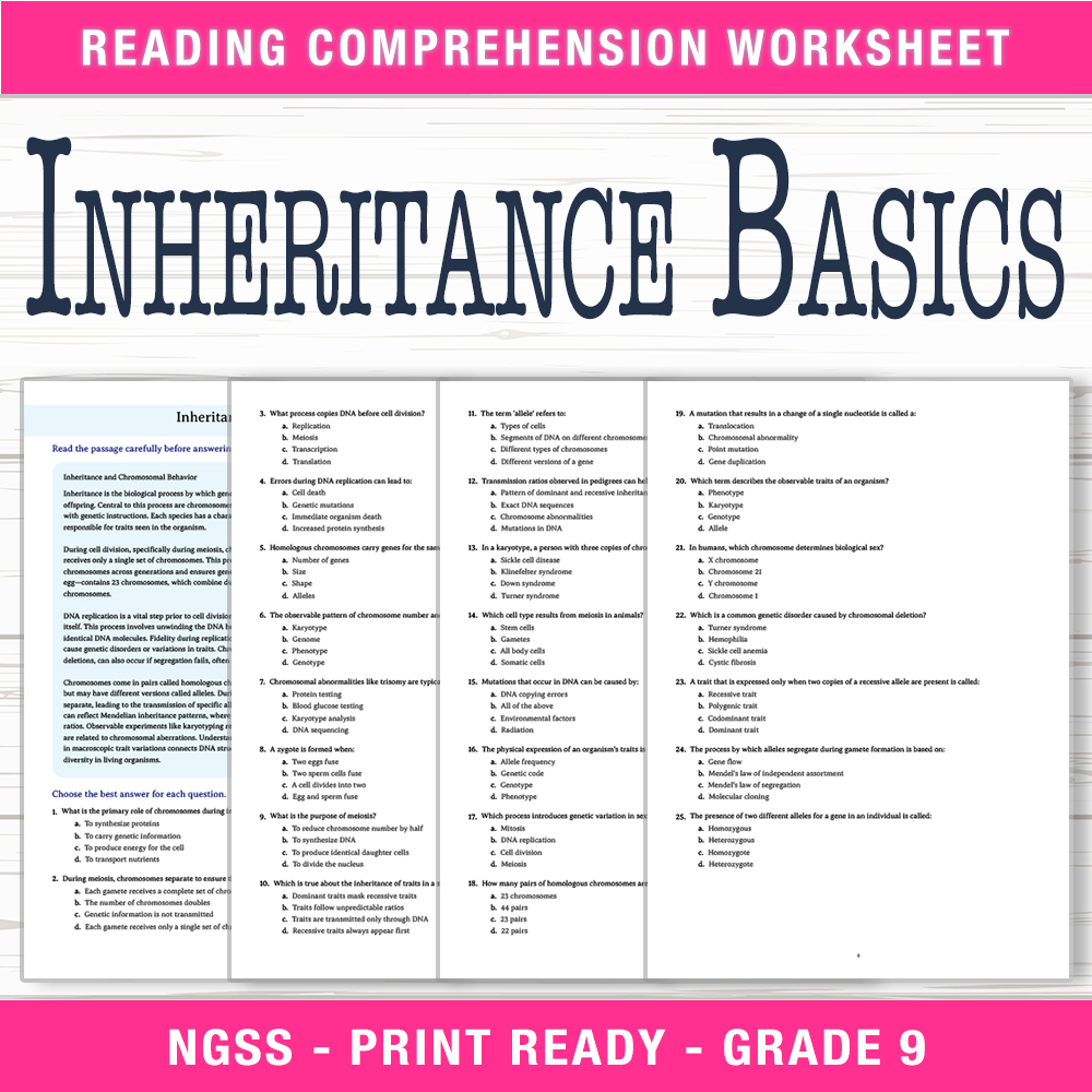 Grade 9 Science worksheet worksheet — Grade 9 Science – Inheritance Basics Worksheet (PDF + Answer Key) — page 1