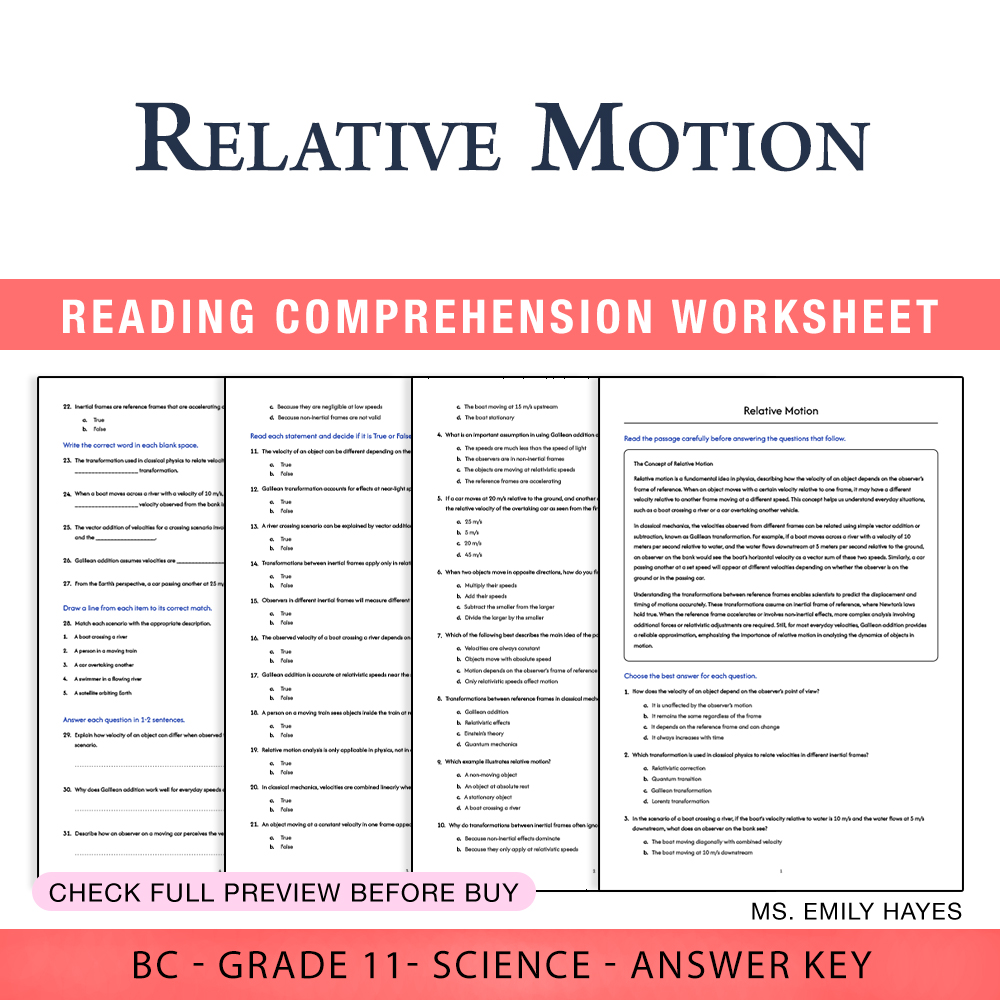 Grade 11 Science worksheet worksheet — 11th Grade Science | Relative Motion Worksheet (PDF + Answer Key) — page 1