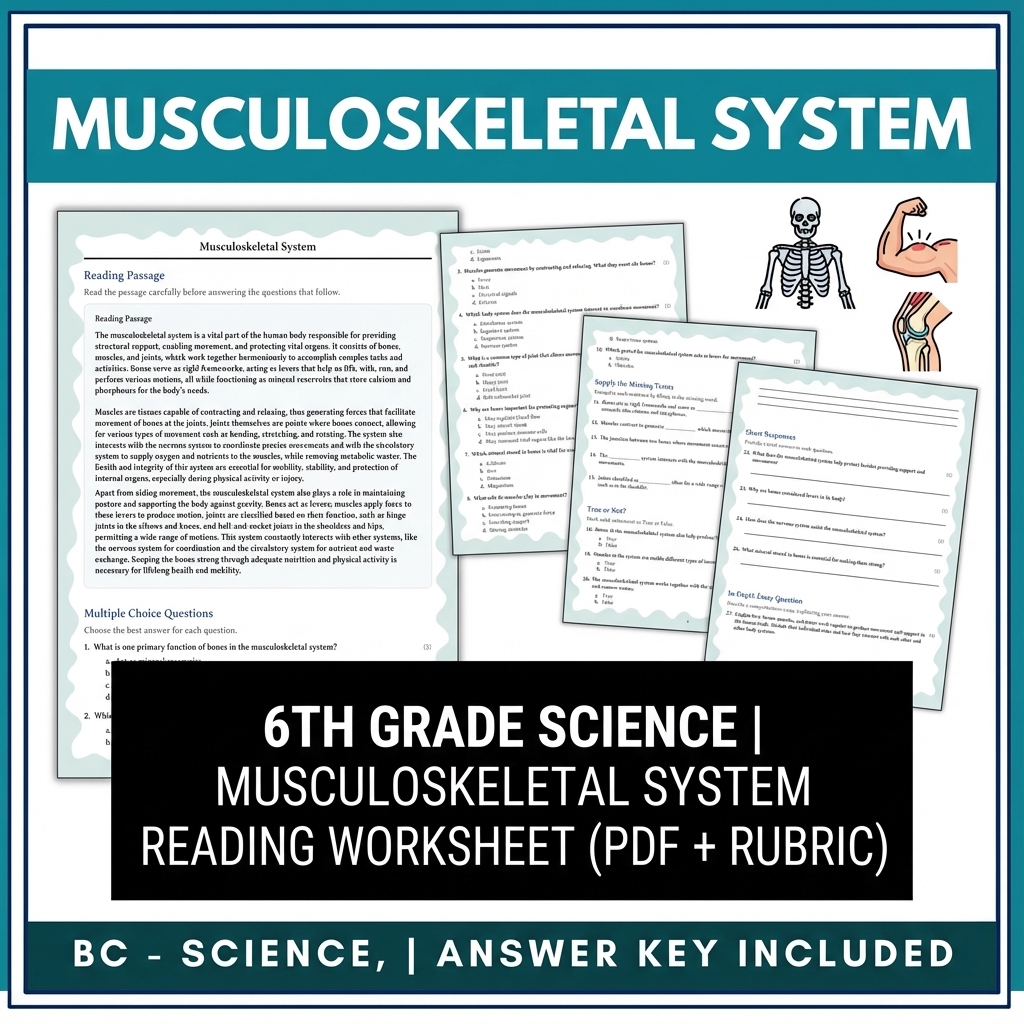 Grade 6 Science reading worksheets — 6th Grade Science | Musculoskeletal System Reading Worksheet (PDF + Rubric)
