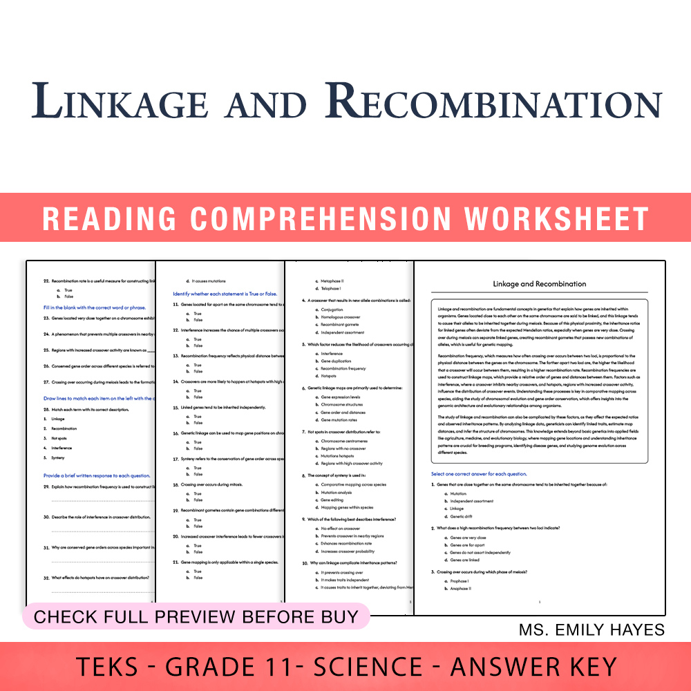 Grade 11 Science worksheet worksheet — Grade 11 Science | Linkage and Recombination Worksheet (PDF+ Answer Key) — page 1