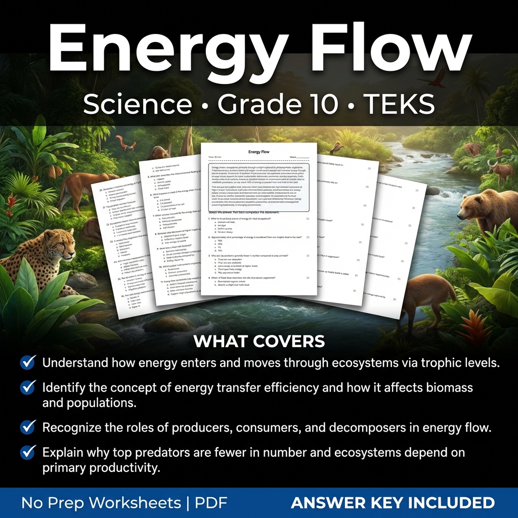 Energy Flow Science Worksheet for Grade 10 | TEKS Aligned Assessment