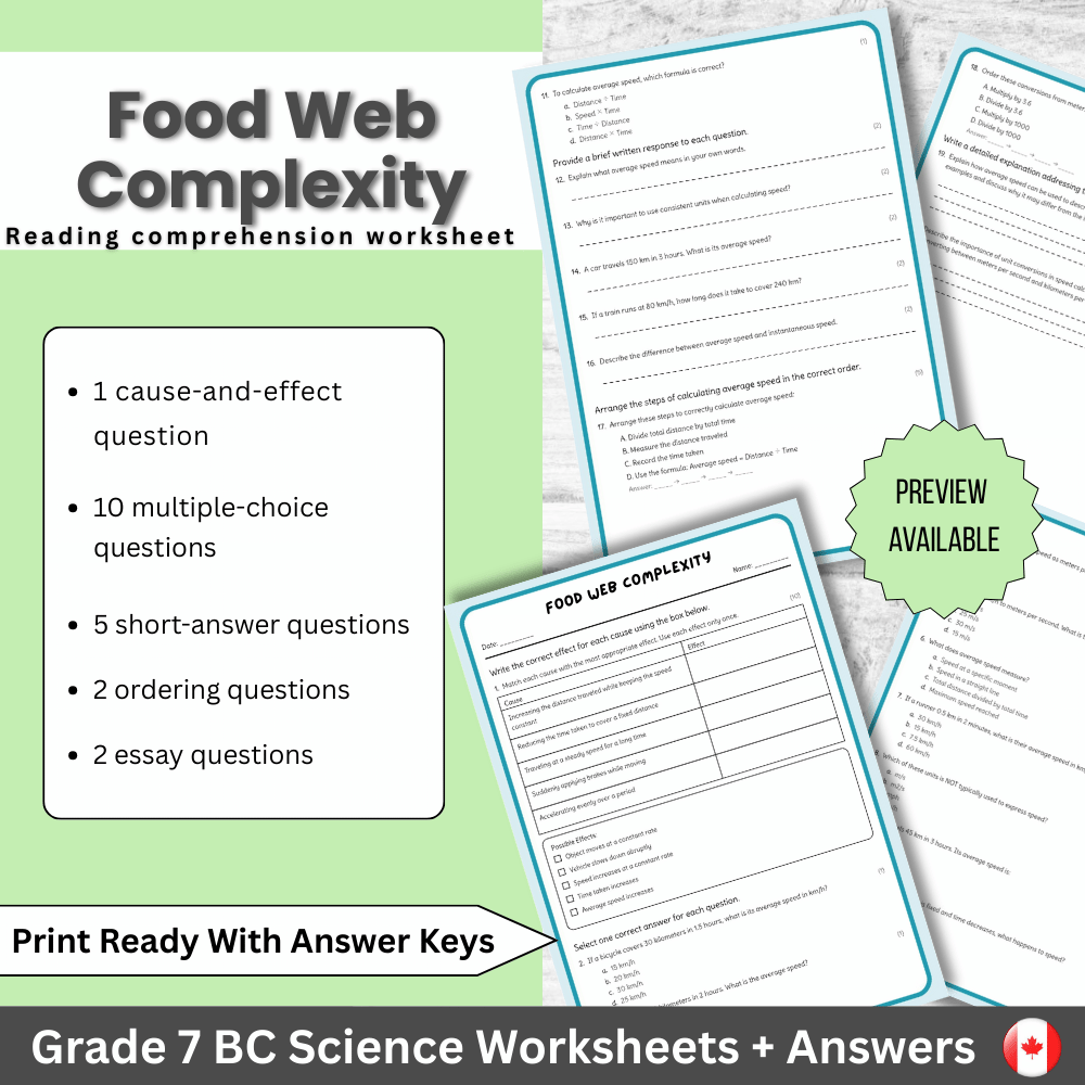 Grade 7 Science – Food Web Complexity Worksheet (Worksheet + Answer Key) PDF