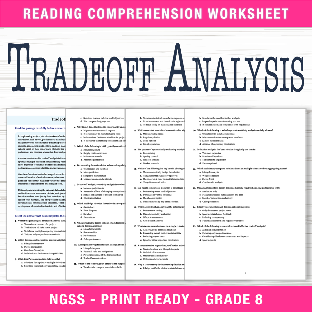 Grade 8 Science worksheet worksheet — Grade 8 Science – Tradeoff Analysis Worksheet (PDF + Answer Key) — page 1