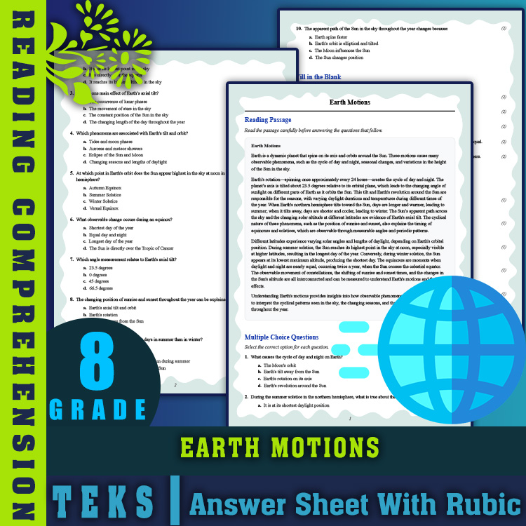 Grade 8 Science reading worksheets worksheet — Grade 8 Science | Earth Motions Reading Worksheet with PDF Answer Key — page 1