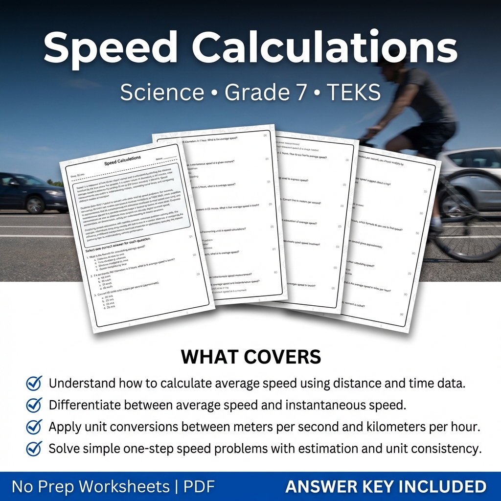 Speed Calculations Worksheet for Grade 7 Science TEKS Standards