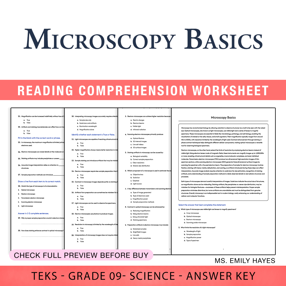 Grade 9 Science worksheet worksheet — 9th Grade Science | Microscopy Basics Worksheet (PDF+ Answer Key) — page 1