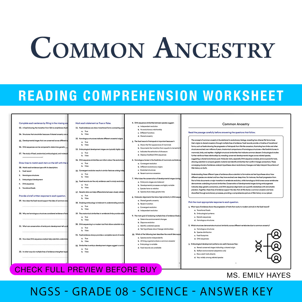 Grade 8 Science worksheet worksheet — 8th Grade Science | Common Ancestry Worksheet (PDF+ Answer Key) — page 1