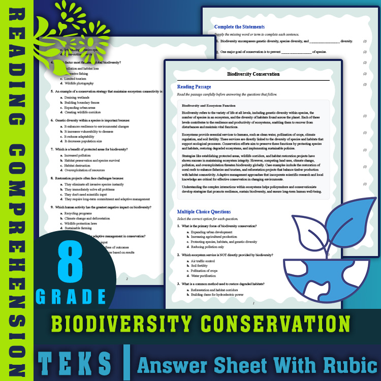 Grade 8 Science reading worksheets worksheet — 8th Grade Science | Biodiversity Conservation Reading  (PDF & Answer Key) —…