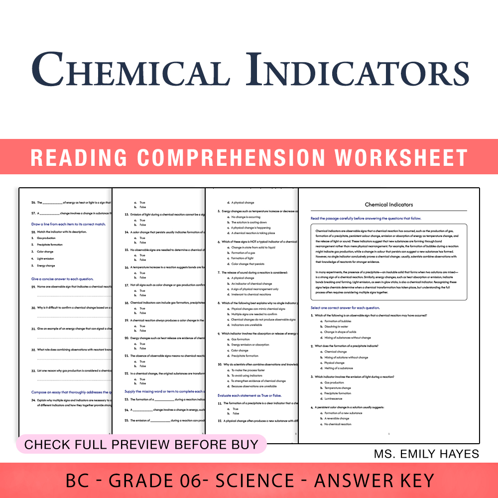Grade 6 Science worksheet worksheet — Grade 6 Science | Chemical Indicators Worksheet (PDF + Answer Key) — page 1
