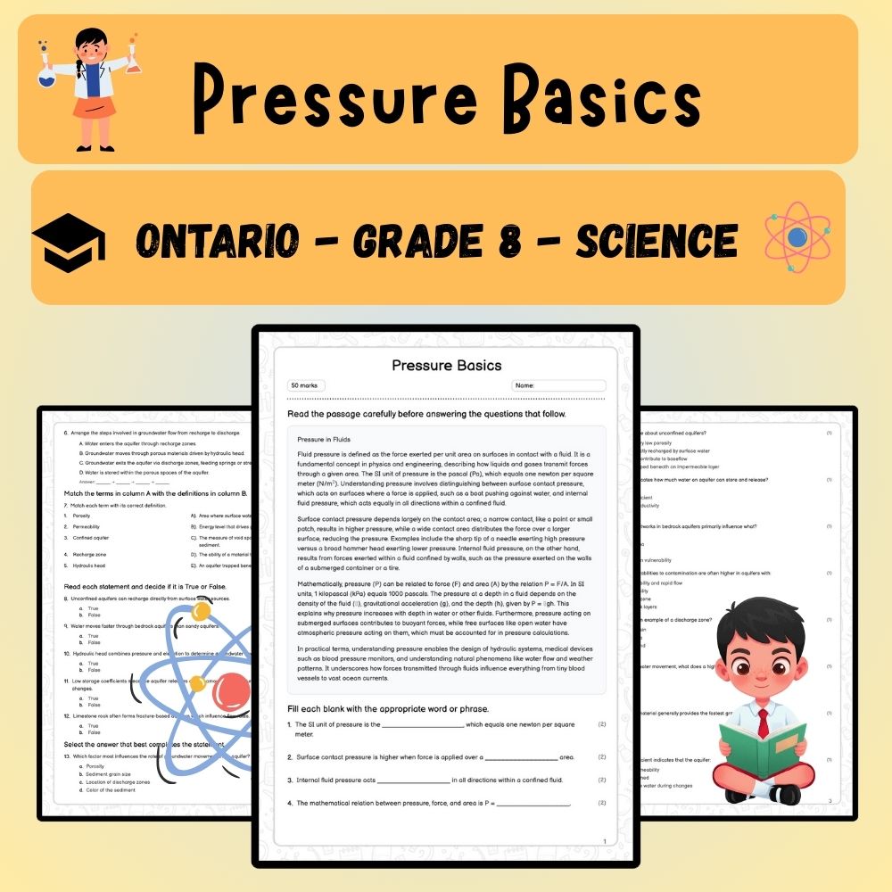 Grade 8 Science worksheet worksheet — Grade 8 Science – Pressure Basics Worksheet (PDF ) | Ontario Standards — page 1