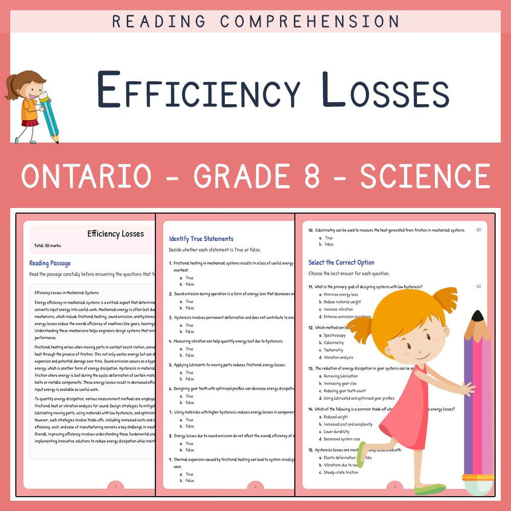 Grade 8 Science worksheet elena worksheet — Grade 8 Science | Efficiency Losses Worksheet | Ontario Standards — page 1