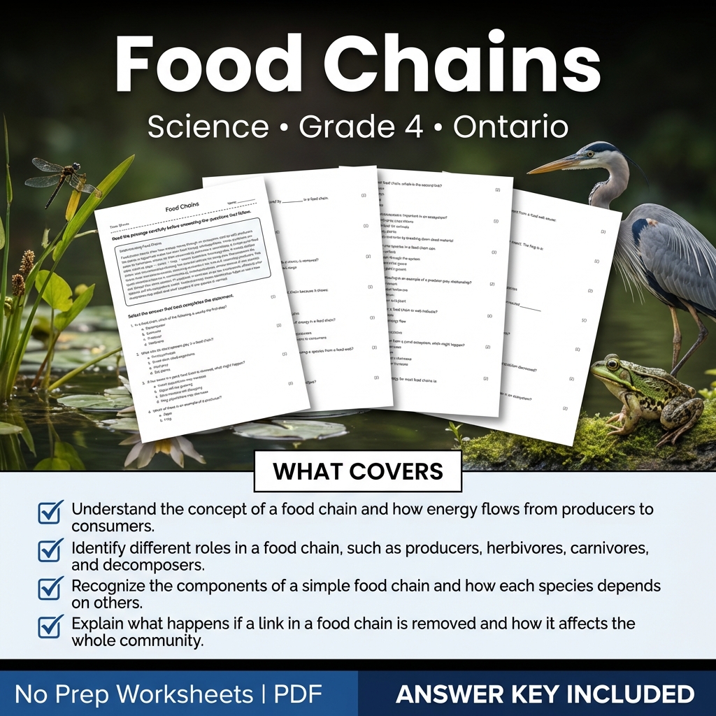 Food Chains Worksheet for Grade 4 Science | Ontario Standards