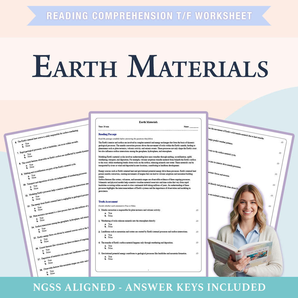 Grade 8 Science reading comprehensions true or false worksheet worksheet — Grade 8 Science | Earth Materials Worksheet (PD…