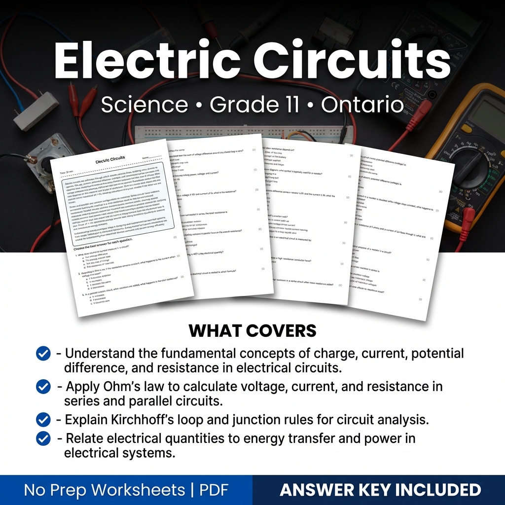 Electric Circuits Worksheet for Grade 11 Science | Ontario Standards