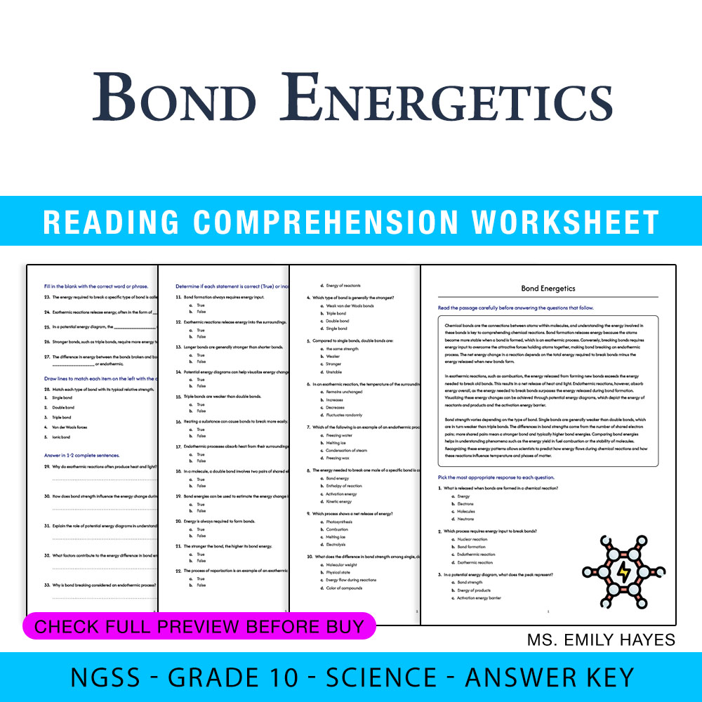 Grade 10 Science worksheet worksheet — Grade 10 Science | Bond Energetics Worksheet (PDF+ Answer Key) — page 1