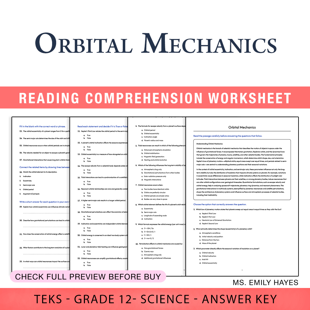 Grade 12 Science worksheet worksheet — Grade 12 Science | Orbital Mechanics Worksheet (PDF+ Answer Key) — page 1