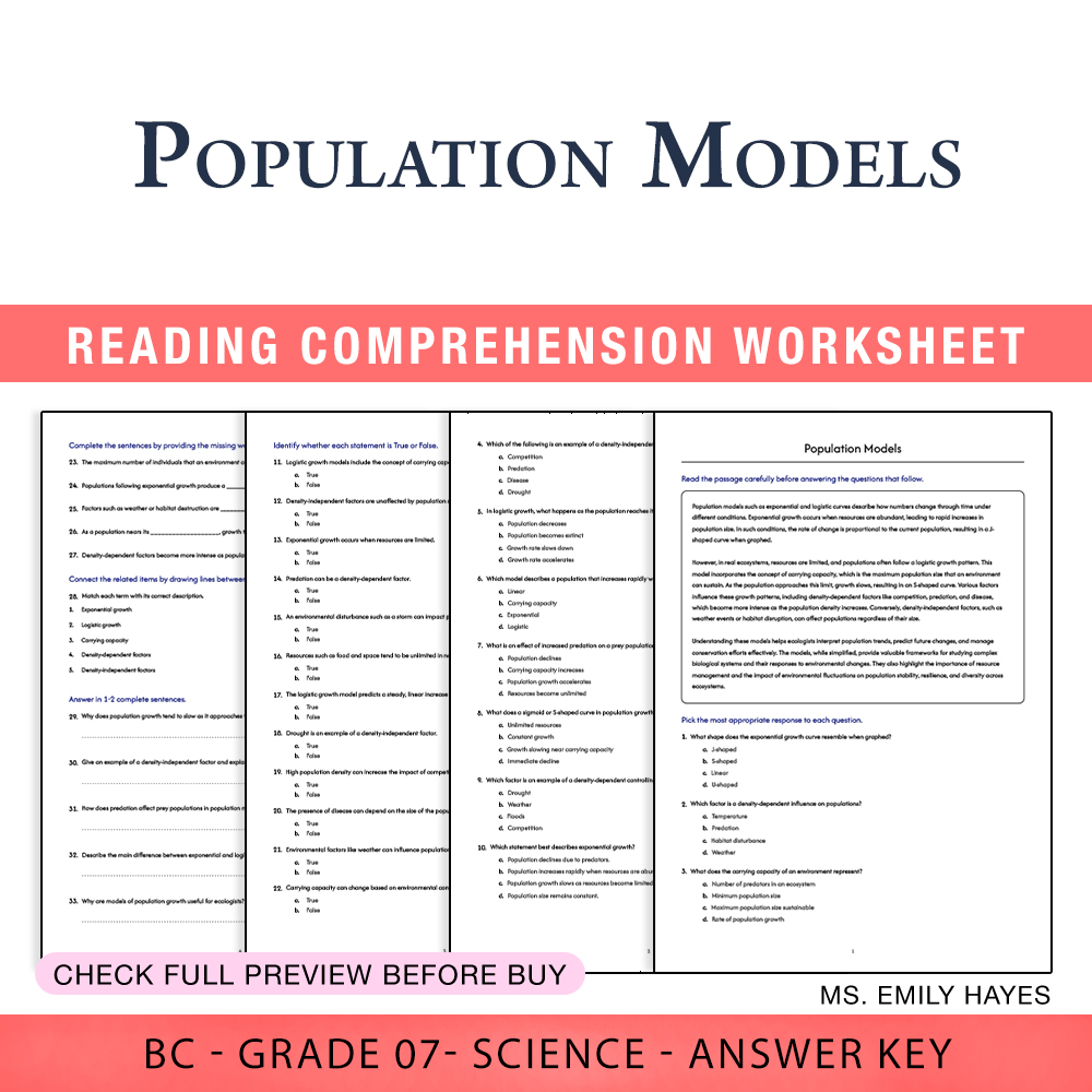 Grade 7 Science worksheet worksheet — Grade 7 Science | Population Models Worksheet (PDF+ Answer Key) — page 1