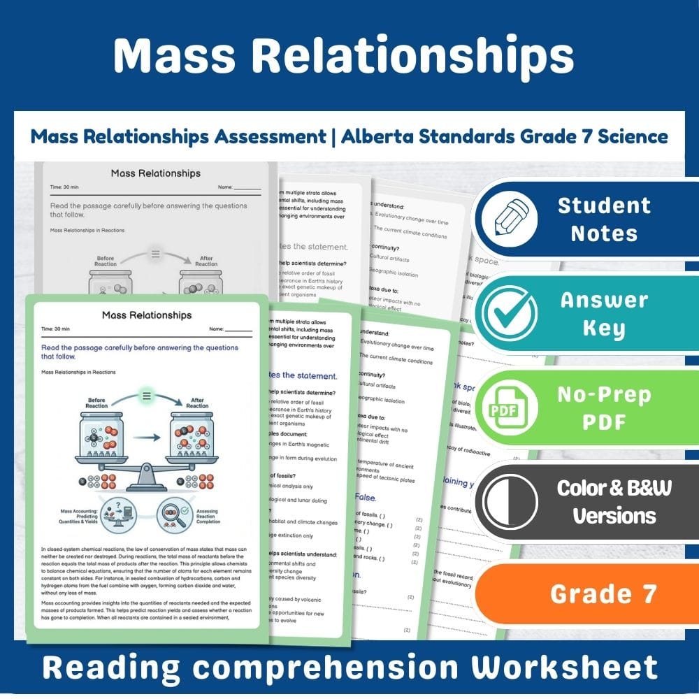 Grade 7 Science assessment worksheet — Mass Relationships Assessment | Alberta Standards Grade 7 Science — page 1