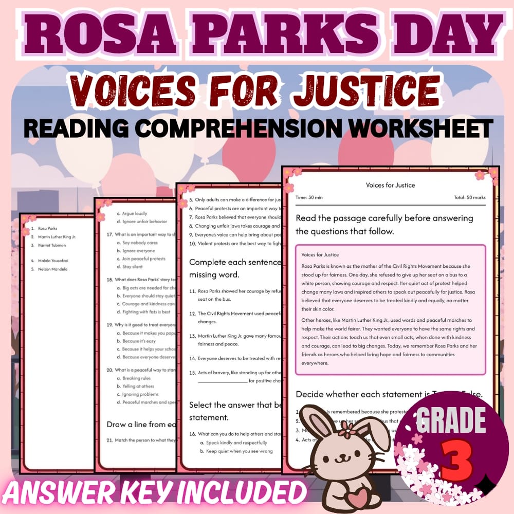 Grade 3 Holiday Rosa Parks Day Worksheet for Mastering Justice| PDF + Answer Key