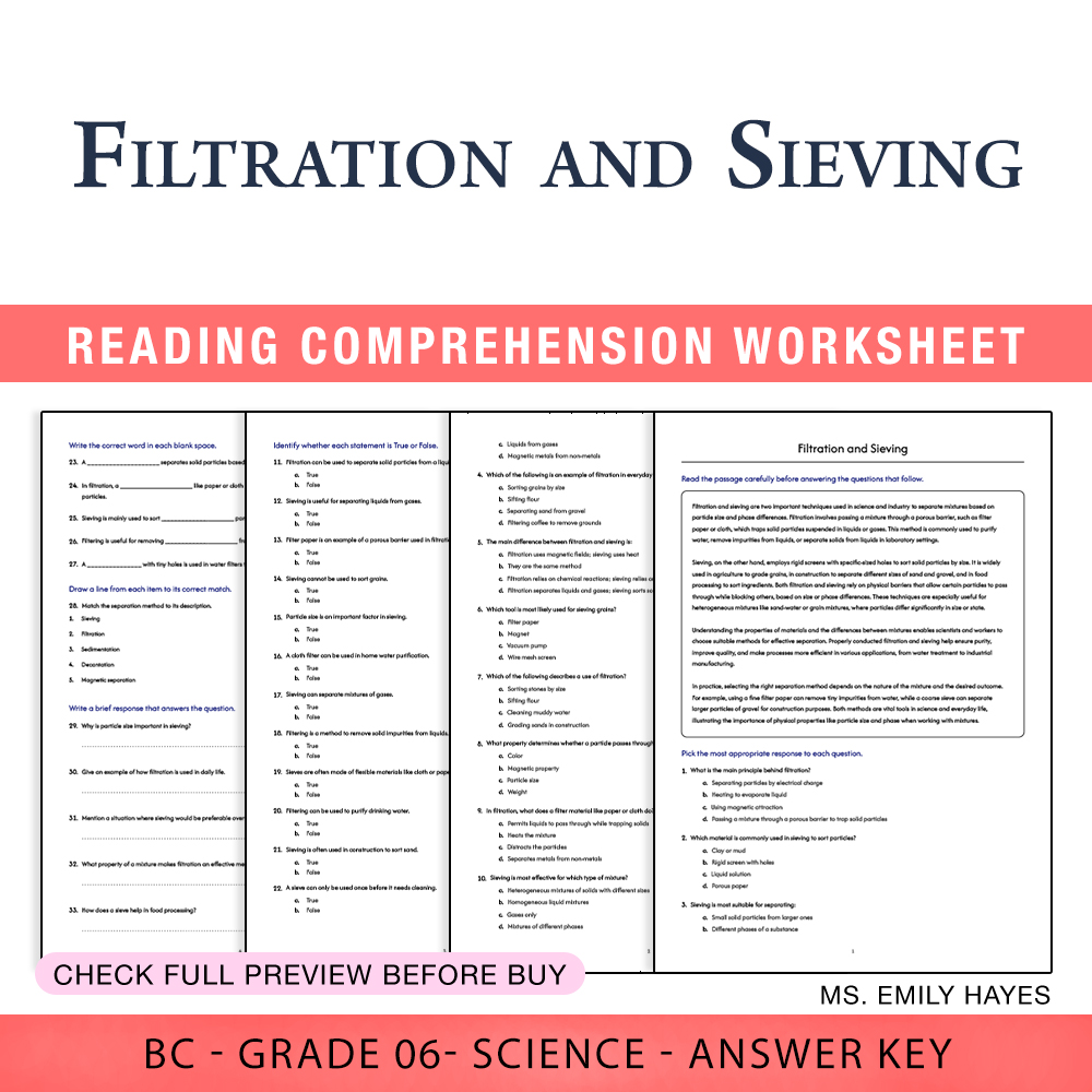 Grade 6 Science worksheet worksheet — 6th Grade Science | Filtration and Sieving Practice Worksheet (PDF+ Answer Key) — pa…