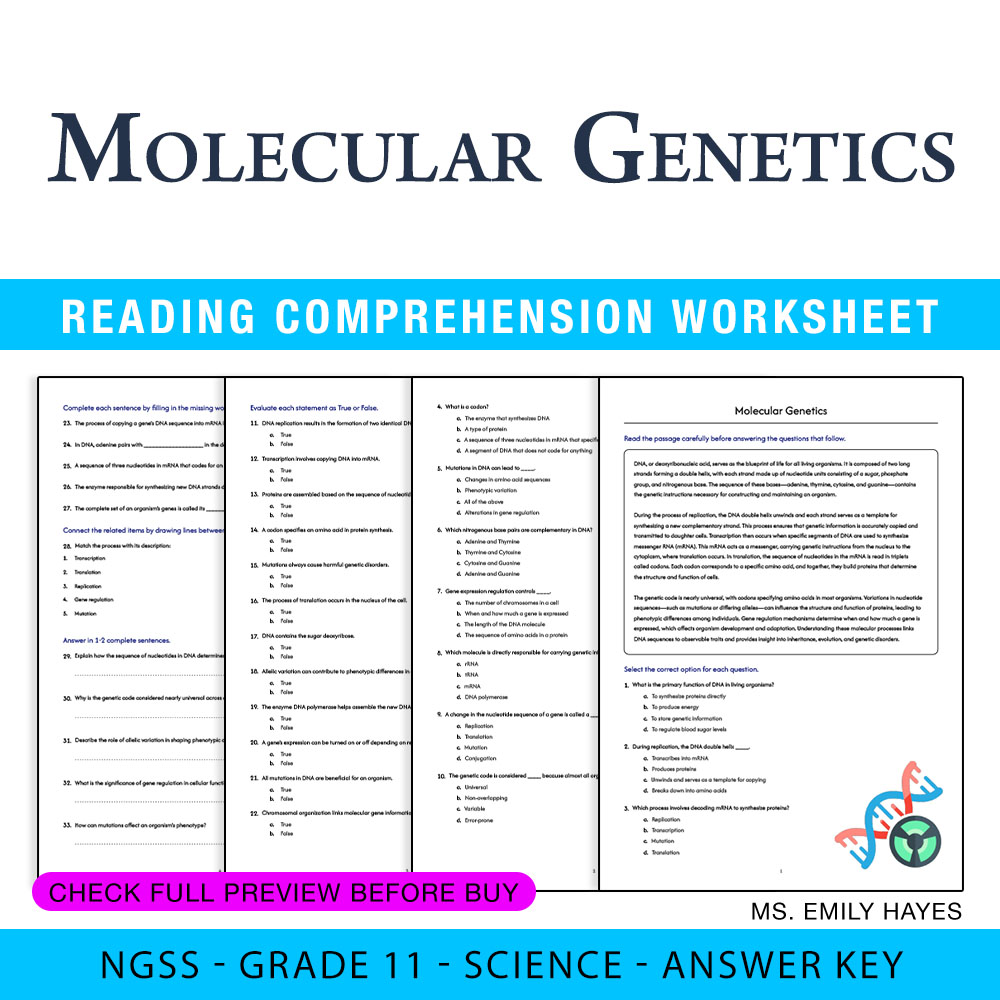 Grade 11 Science worksheet worksheet — Grade 11 Science | Molecular Genetics Worksheet (PDF+ Answer Key) — page 1