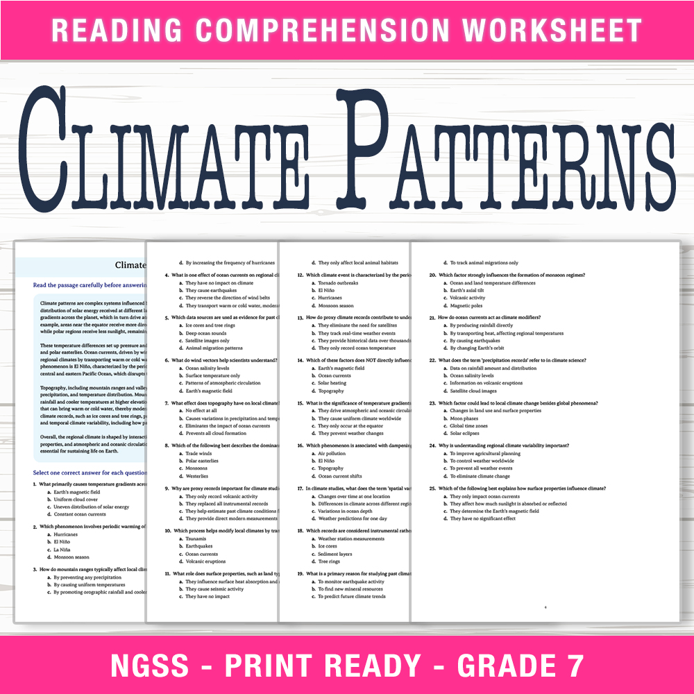 Grade 7 Science worksheet worksheet — Grade 7 Science | Climate Patterns Worksheet (PDF + Answer Key) — page 1