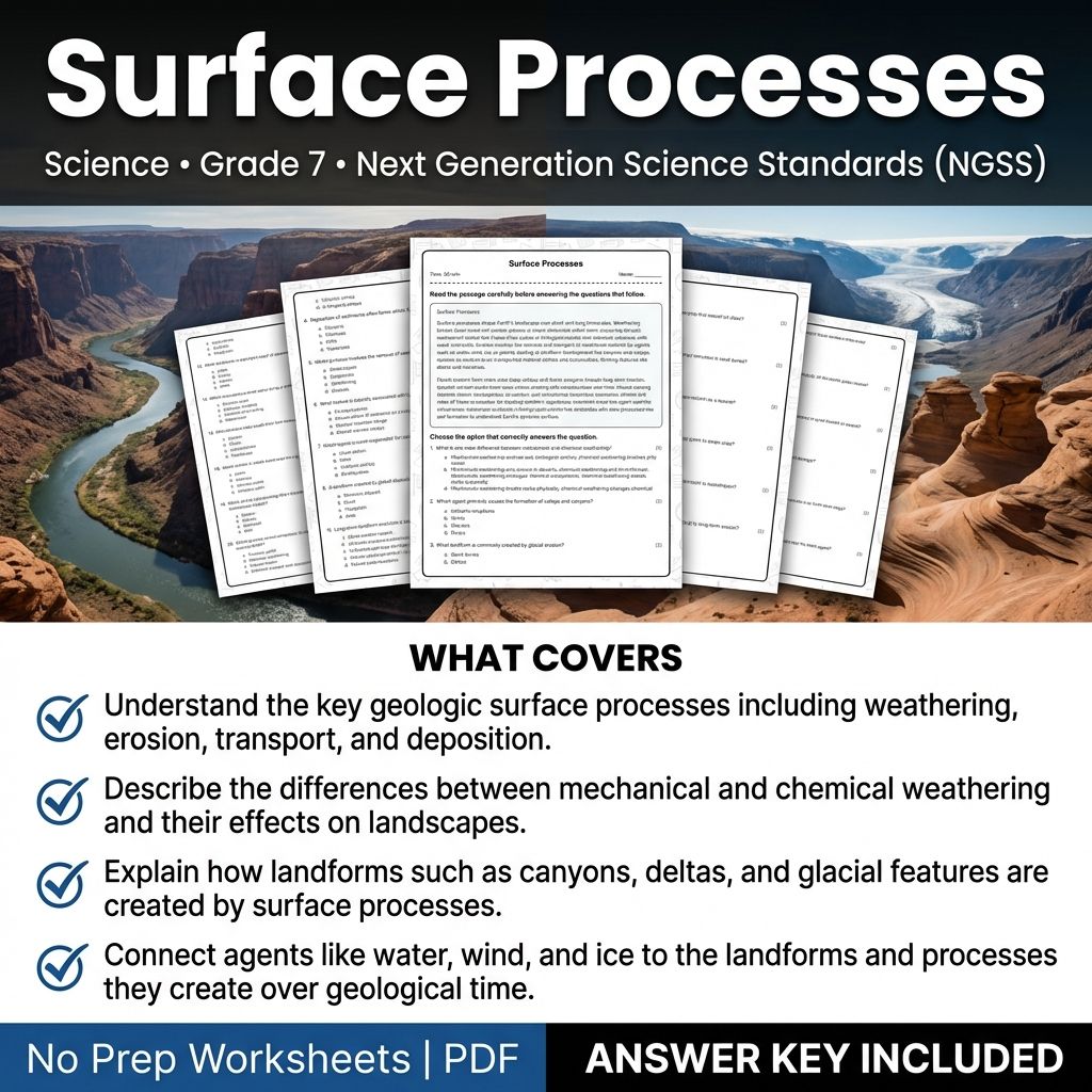 7th Grade Science Worksheet | Surface Processes Practice PDF & Answer Key