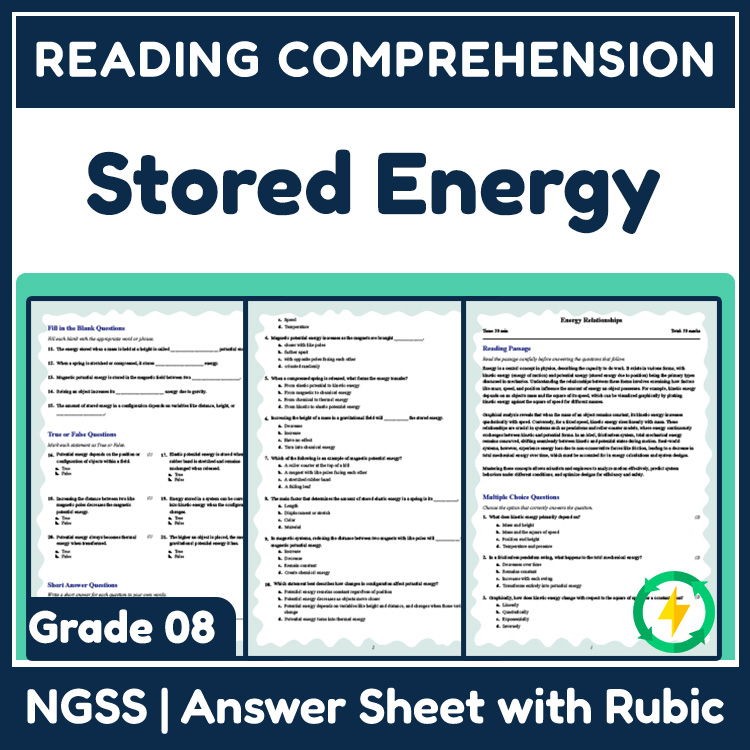 Grade 8 Science reading worksheets worksheet — 8th Grade Science | Stored Energy Reading Worksheets (NGSS Aligned) — page 1