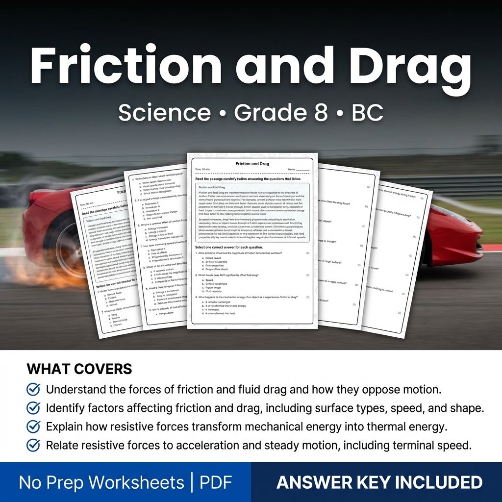 Grade 8 Science Worksheet | Friction & Drag Practice with Answer Key (PDF)