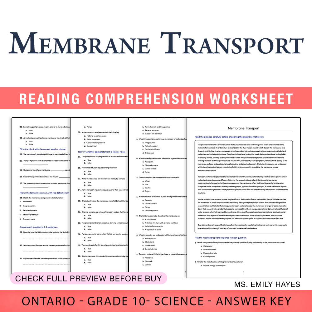 Grade 10 Science worksheet worksheet — Grade 10 Science | Membrane Transport Worksheet (PDF + Answer Key) — page 1