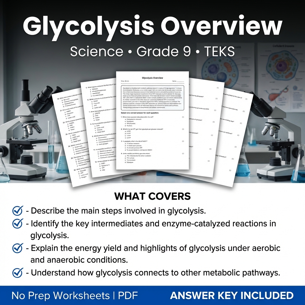 Grade 9 Science Worksheet Glycolysis Overview | TEKS Aligned PDF