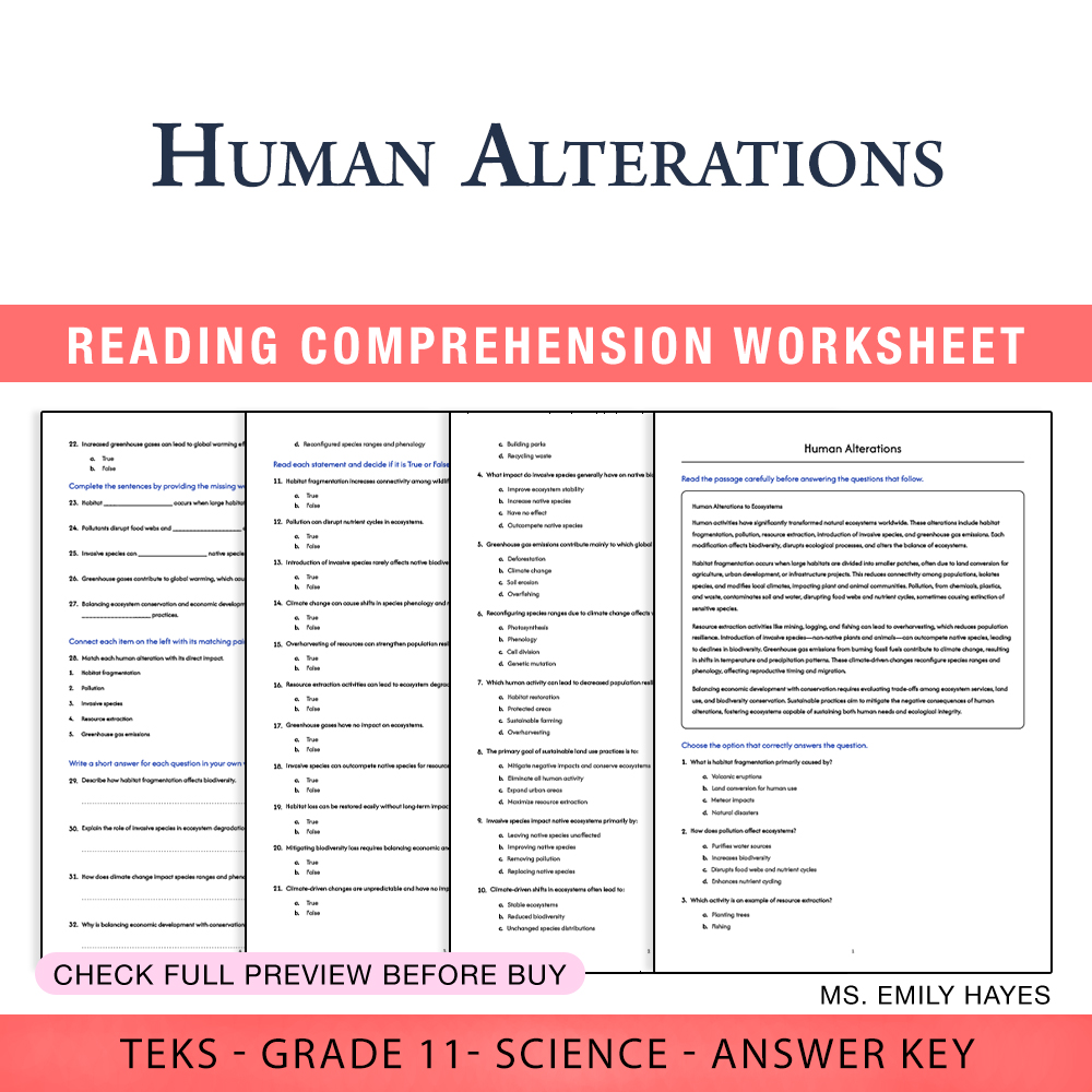 Grade 11 Science worksheet worksheet — Grade 11 Science | Human Alterations Worksheet (PDF+ Answer Key) — page 1