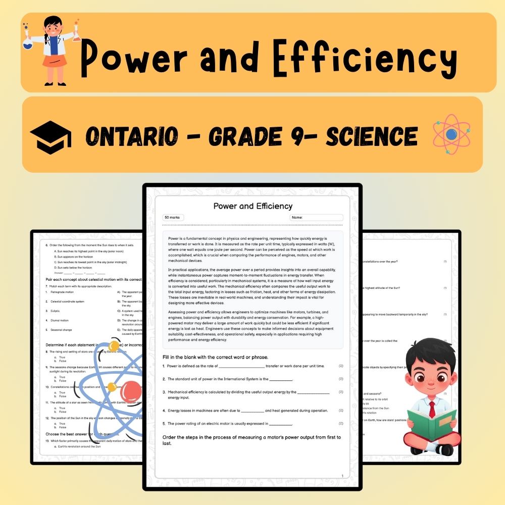 Grade 9 Science worksheet worksheet — Grade 9 Science | Power and Efficiency Worksheet (PDF) Aligned with Ontario Standard…