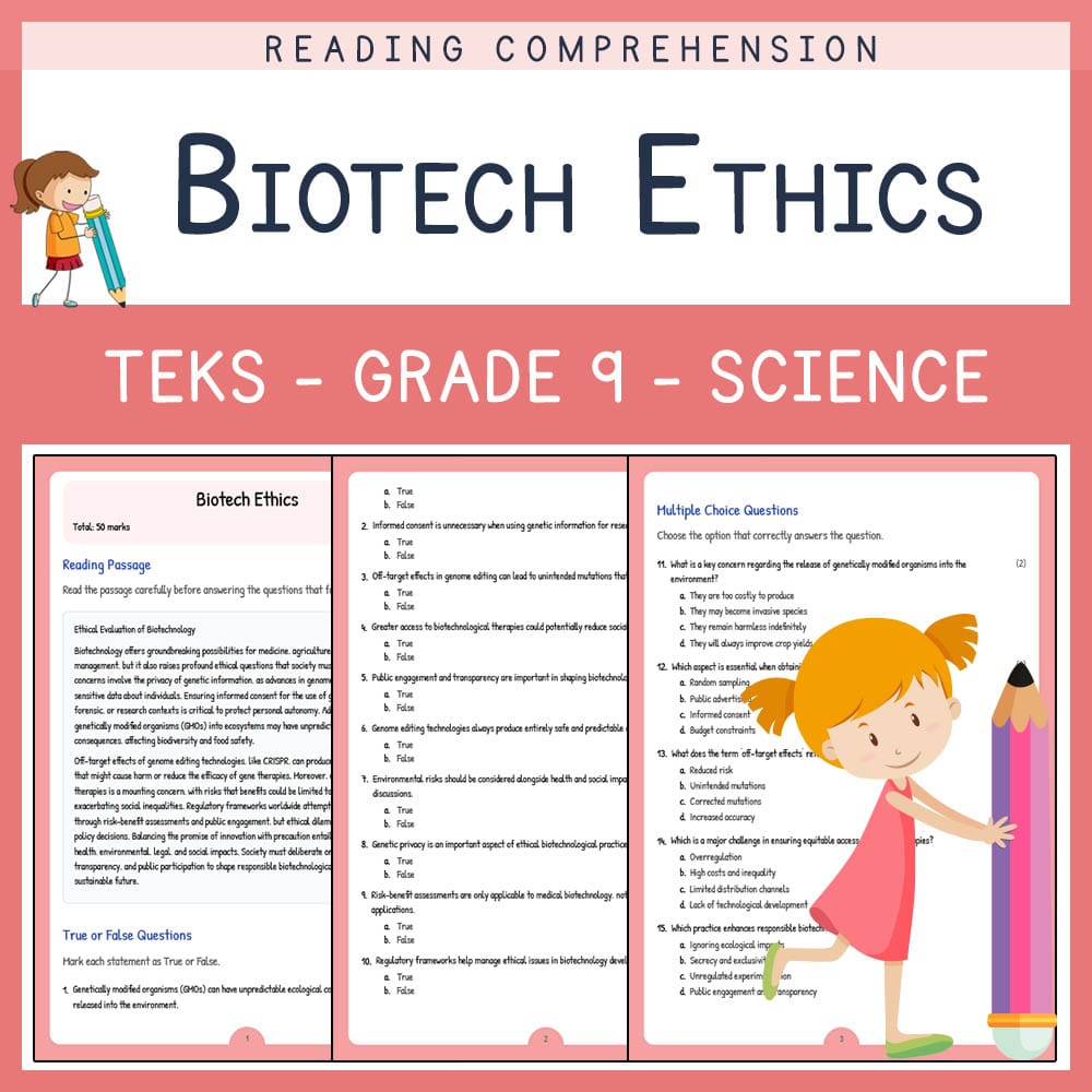 Grade 9 Science worksheet elena worksheet — Grade 9 Science | Biotech Ethics Worksheet | TEKS Aligned — page 1