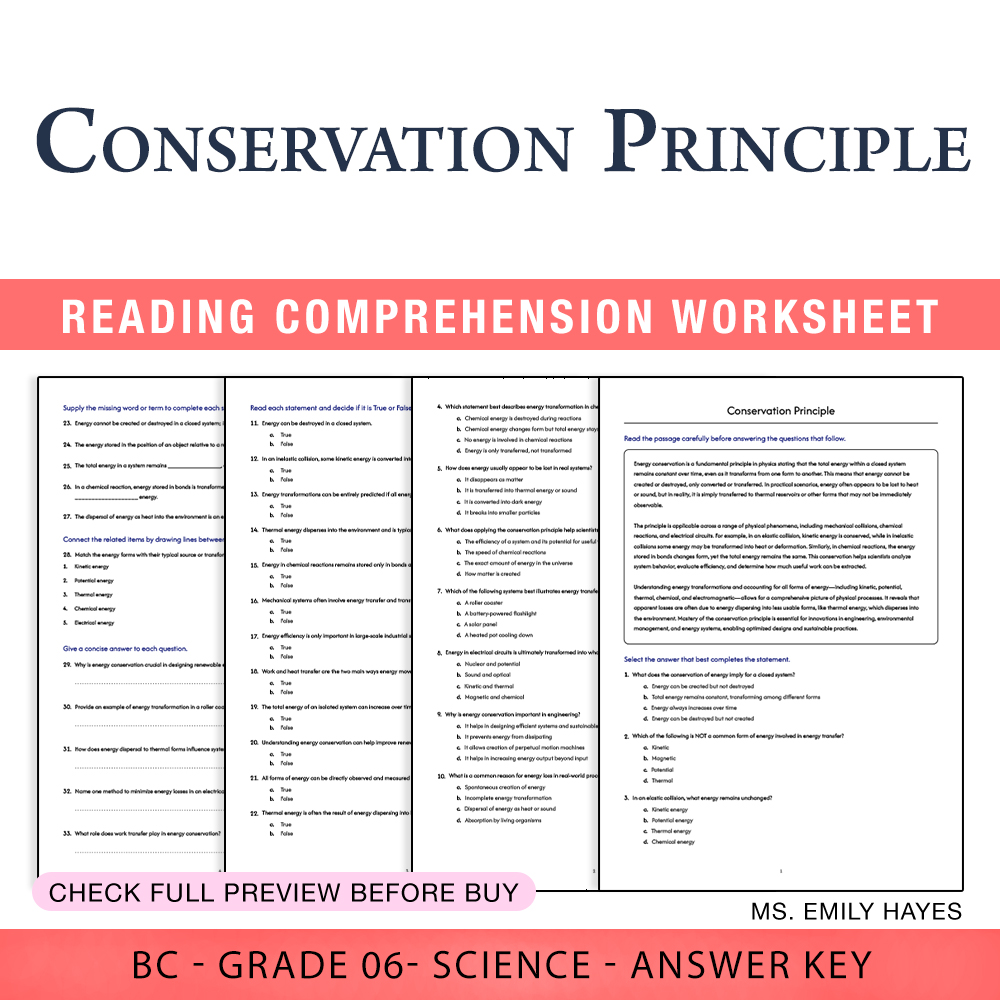 Grade 6 Science worksheet worksheet — 6th Grade Science | Conservation Principle Worksheet (PDF+ Answer Key) — page 1