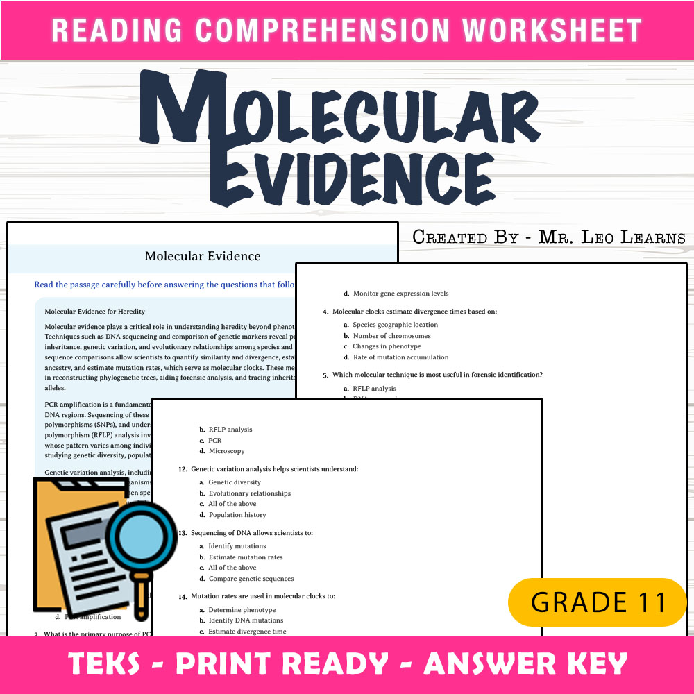 Grade 11 Science worksheet worksheet — Grade 11 Science – Molecular Evidence Worksheet for Mastery — page 1