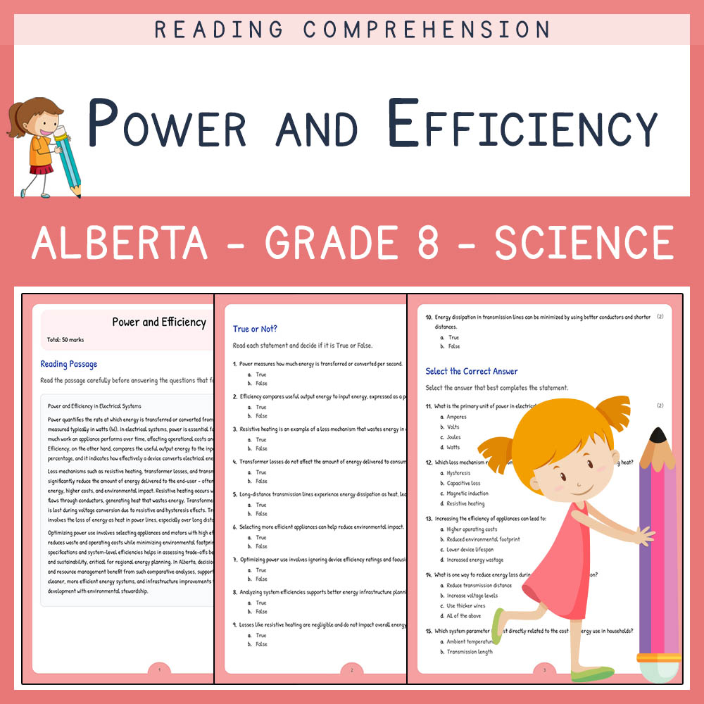 Grade 8 Science worksheet elena worksheet — Grade 8 Science | Power and Efficiency Worksheet | Alberta Standards — page 1