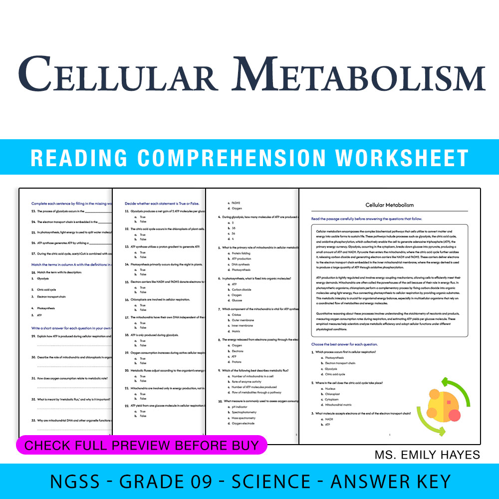 Grade 9 Science worksheet worksheet — Grade 9 Science | Cellular Metabolism Worksheet (PDF+ Answer Key) — page 1