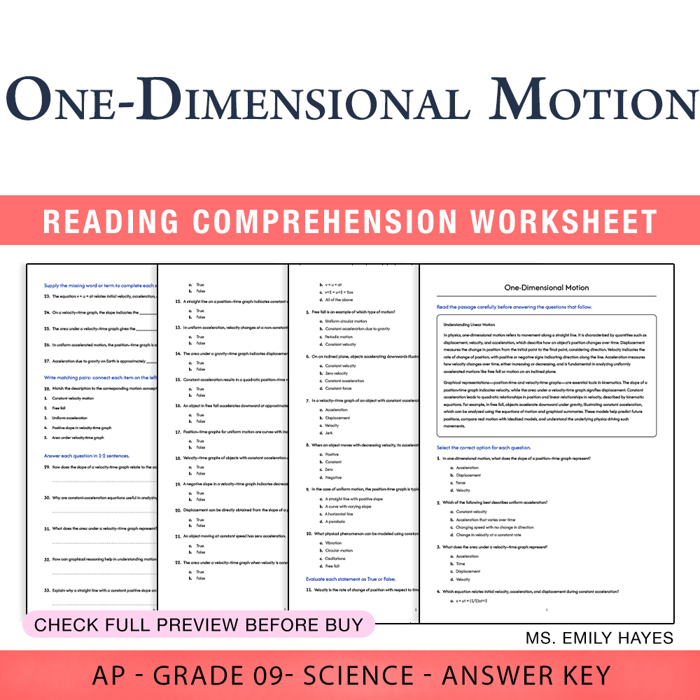 Grade 9 Science worksheet worksheet — 9th Grade Science | One-Dimensional Motion Worksheet (PDF+ Answer Key) — page 1