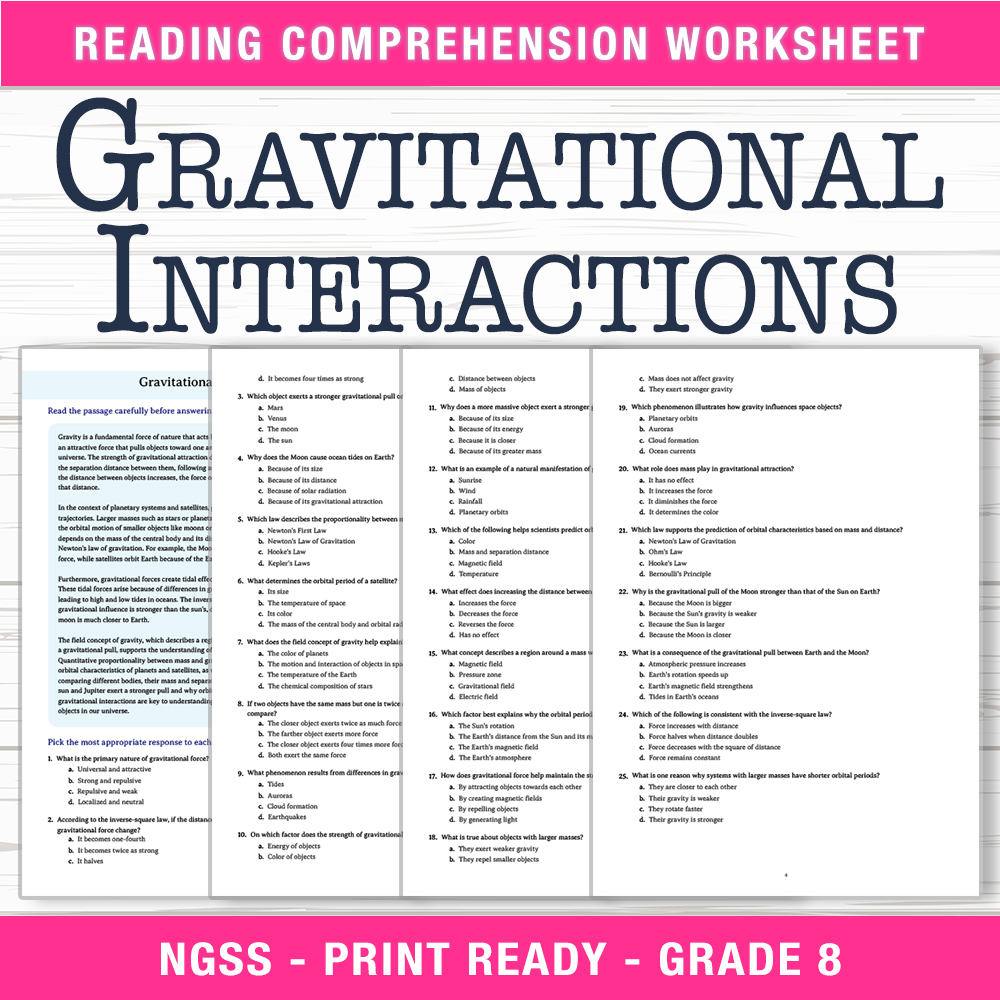 Grade 8 Science worksheet worksheet — Grade 8 Science | Gravitational Interactions Worksheet (PDF + Answer Key) — page 1