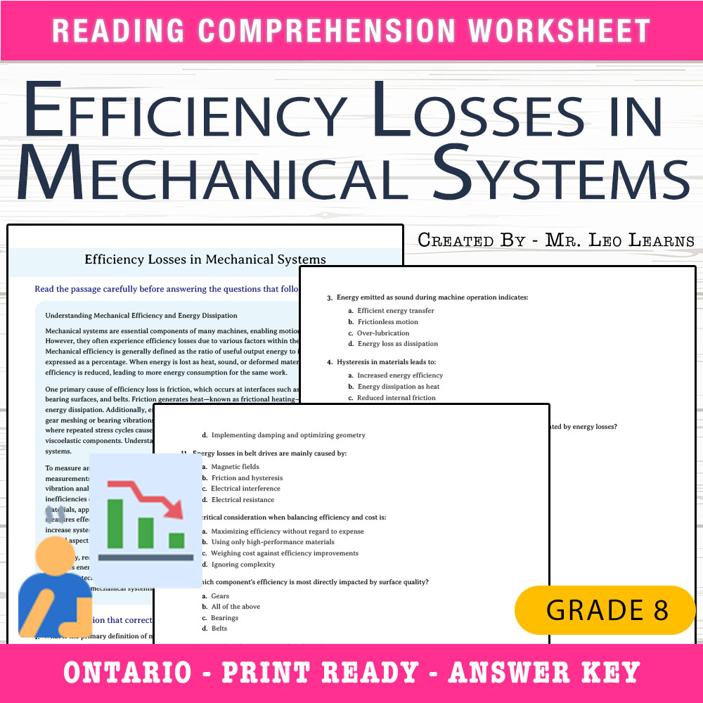 Grade 8 Science worksheet worksheet — Grade 8 Science — Efficiency Losses in Mechanical Systems Worksheet for Mastery — pa…