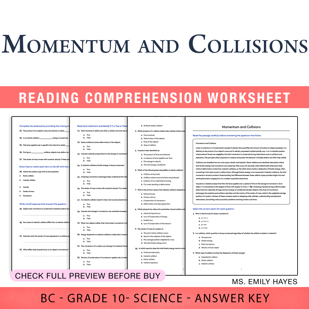 Grade 10 Science worksheet worksheet — 10th Grade Science | Momentum and Collisions Worksheet (PDF+ Answer Key) — page 1